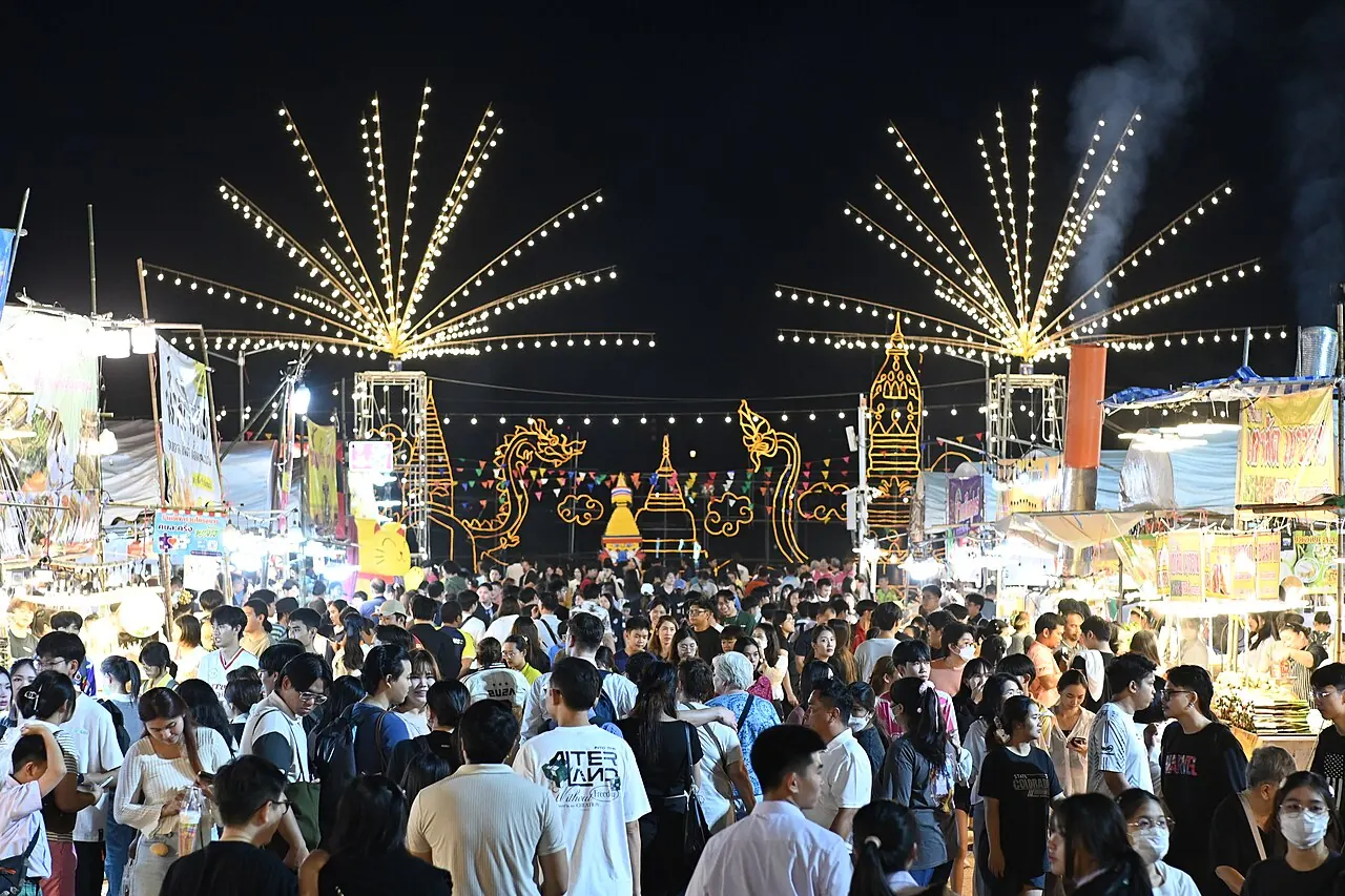 A night market lit up for a festival