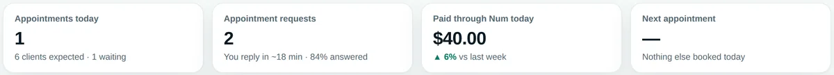 Appointments today, appointment requests, paid through NUM today, next appointment