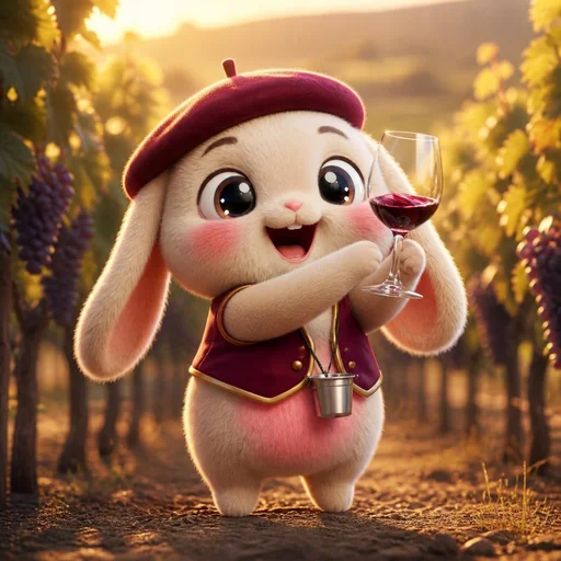 Shool, Num's sommelier familiar, a cream bunny in a burgundy beret raising a glass of red wine in a vineyard at golden hour