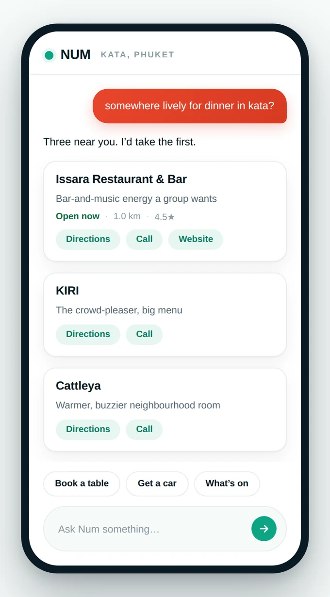 A traveller&rsquo;s phone: NUM answers &ldquo;somewhere lively for dinner in kata?&rdquo; by naming three real restaurants, each with Directions, Call and Website
